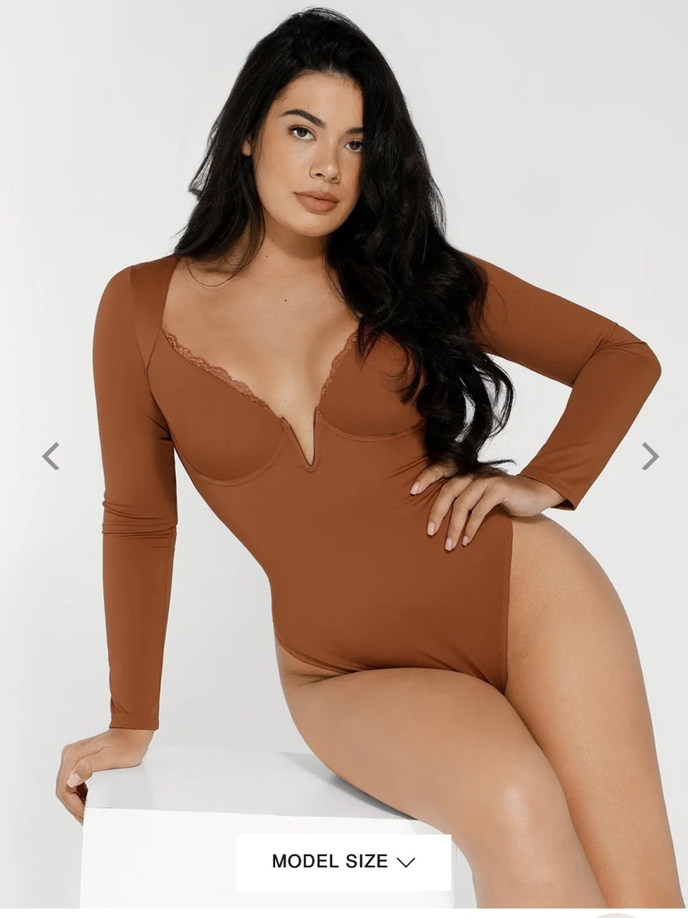 Popilush Shapewear Long Sleeve Lace Trim V-Neck Slimming Bodysuit
